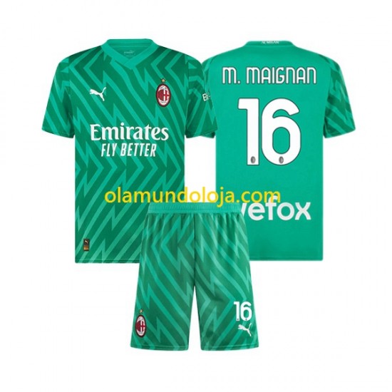 Camisola AC Milan Mike Maignan 16 Guarda-redes Criança Equipamento Primeiro 2023-2024 Manga Curta
